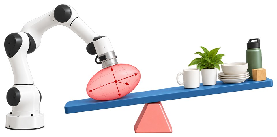 A heavy robot arm and light everyday objects on opposite ends of a seesaw
